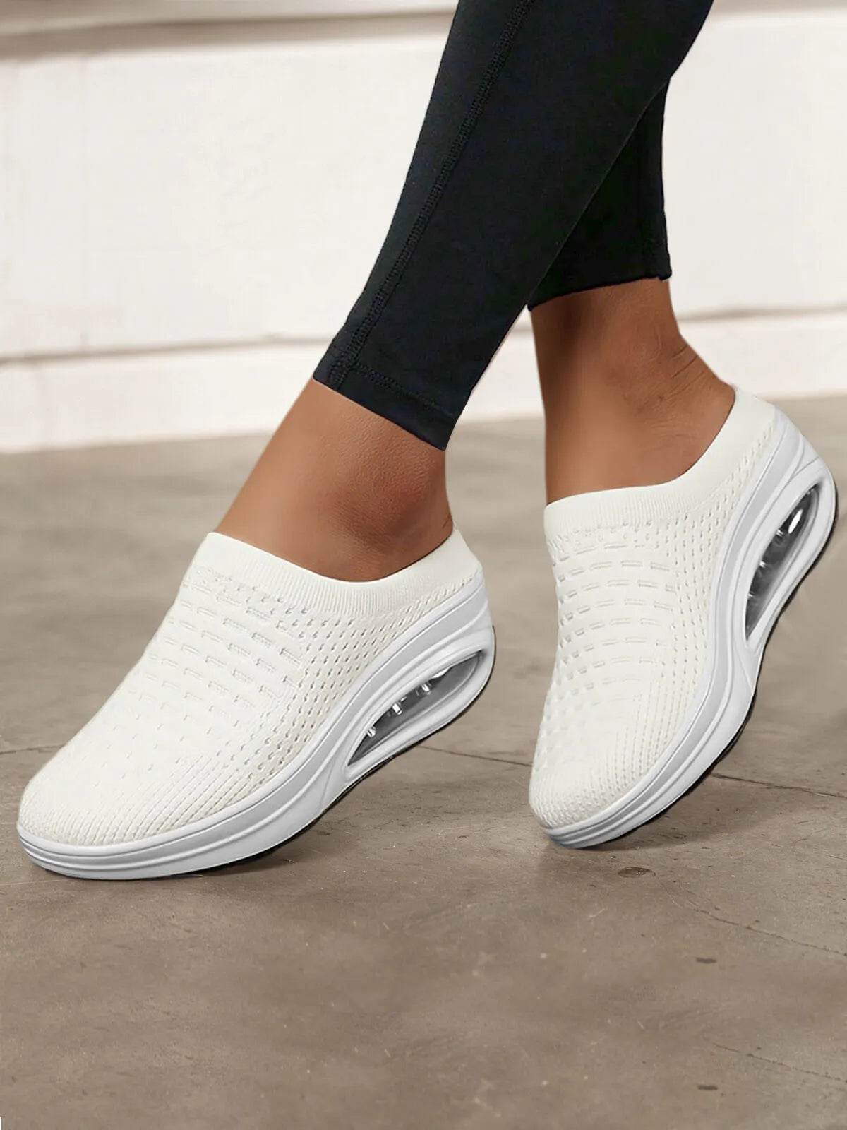Breathable Mesh Slip-On White Round Toe PU Sole Sneakers