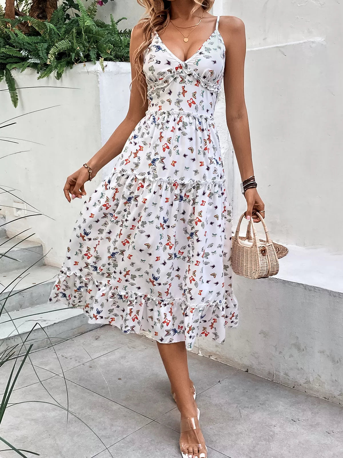 Butterfly Ruffles V-neck Sleeveless A-line Dress
