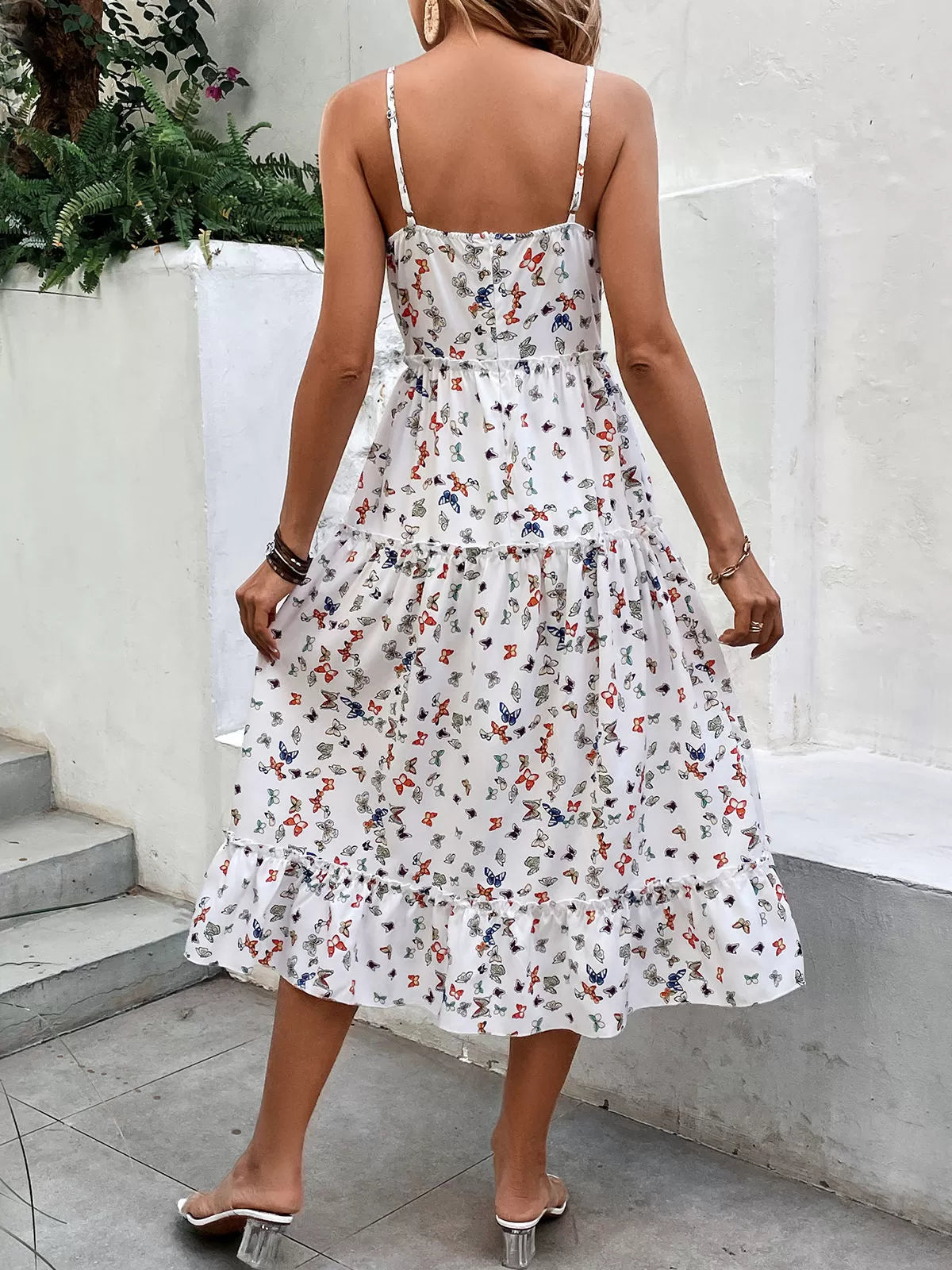 Butterfly Ruffles V-neck Sleeveless A-line Dress