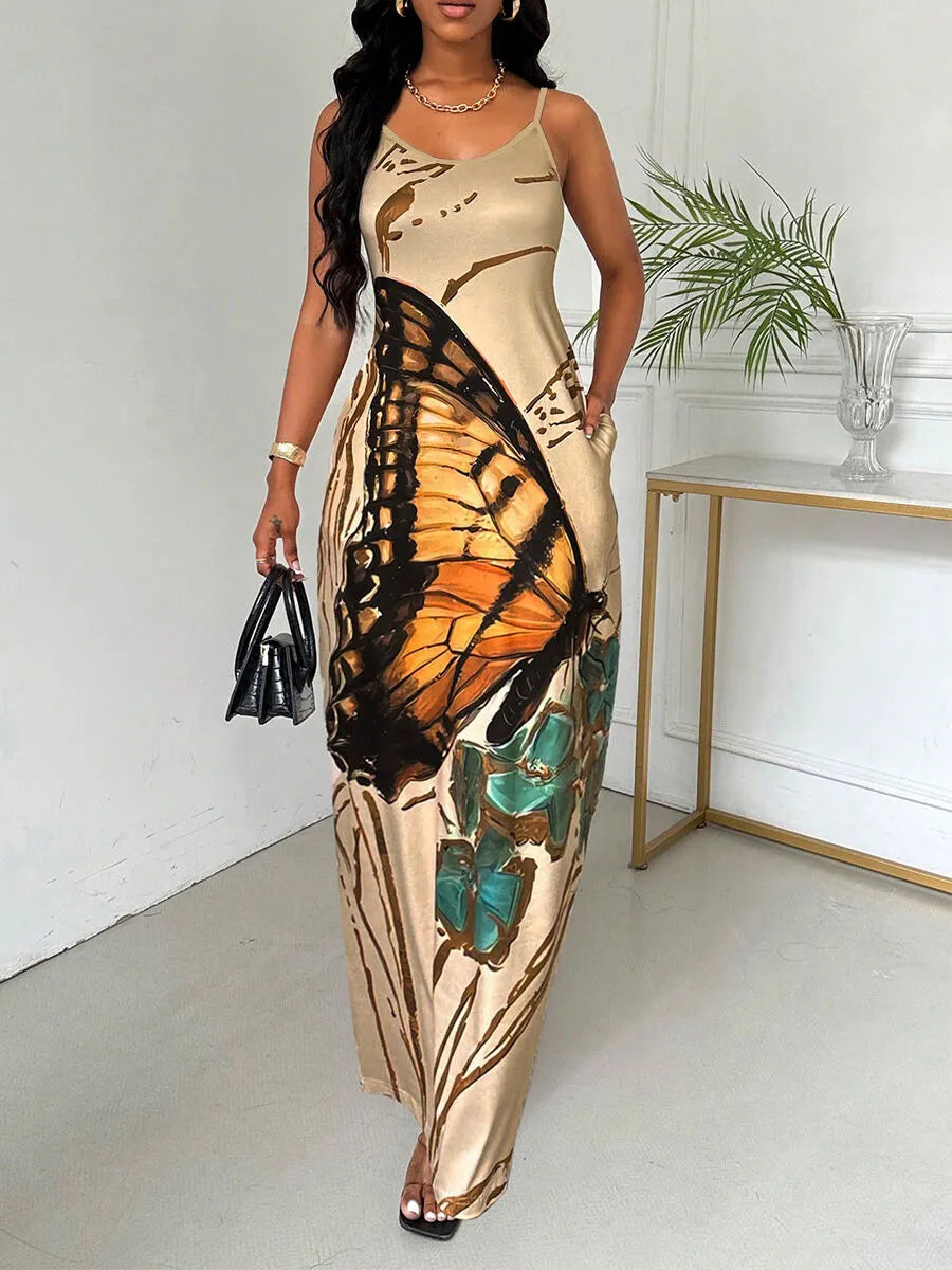 Butterfly Vacation Spaghetti Strap Tunic Dress