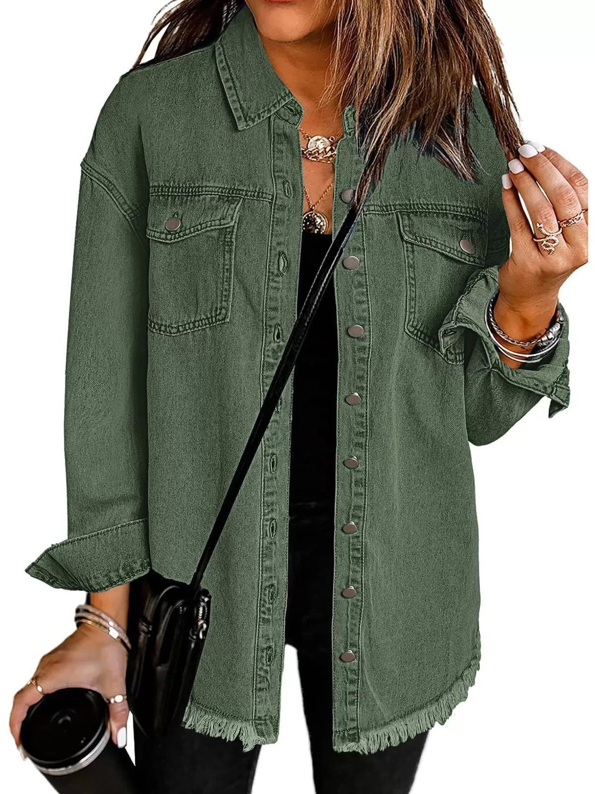 Button Lapel Ripped Fringe Denim Jean Jacket