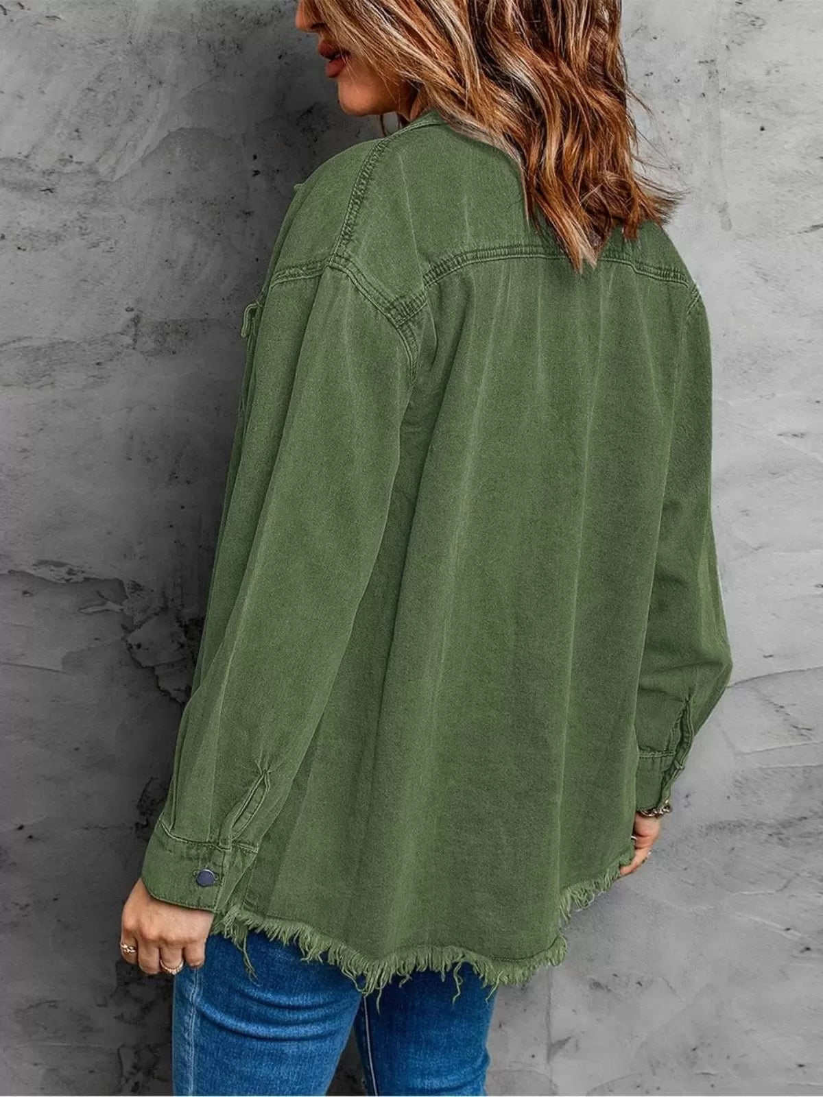 Button Lapel Ripped Fringe Denim Jean Jacket