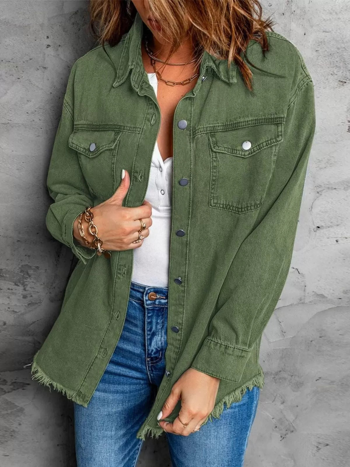 Button Lapel Ripped Fringe Denim Jean Jacket