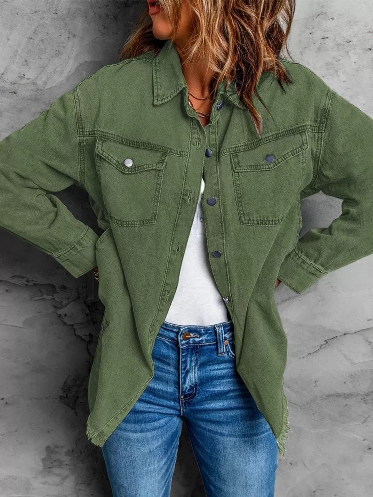 Button Lapel Ripped Fringe Denim Jean Jacket