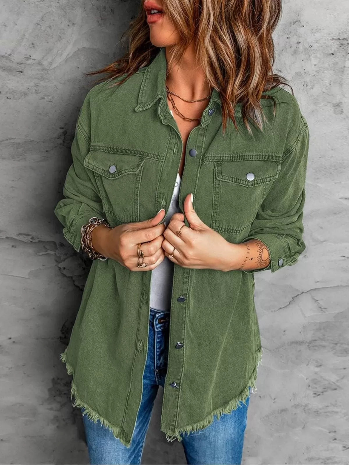 Button Lapel Ripped Fringe Denim Jean Jacket