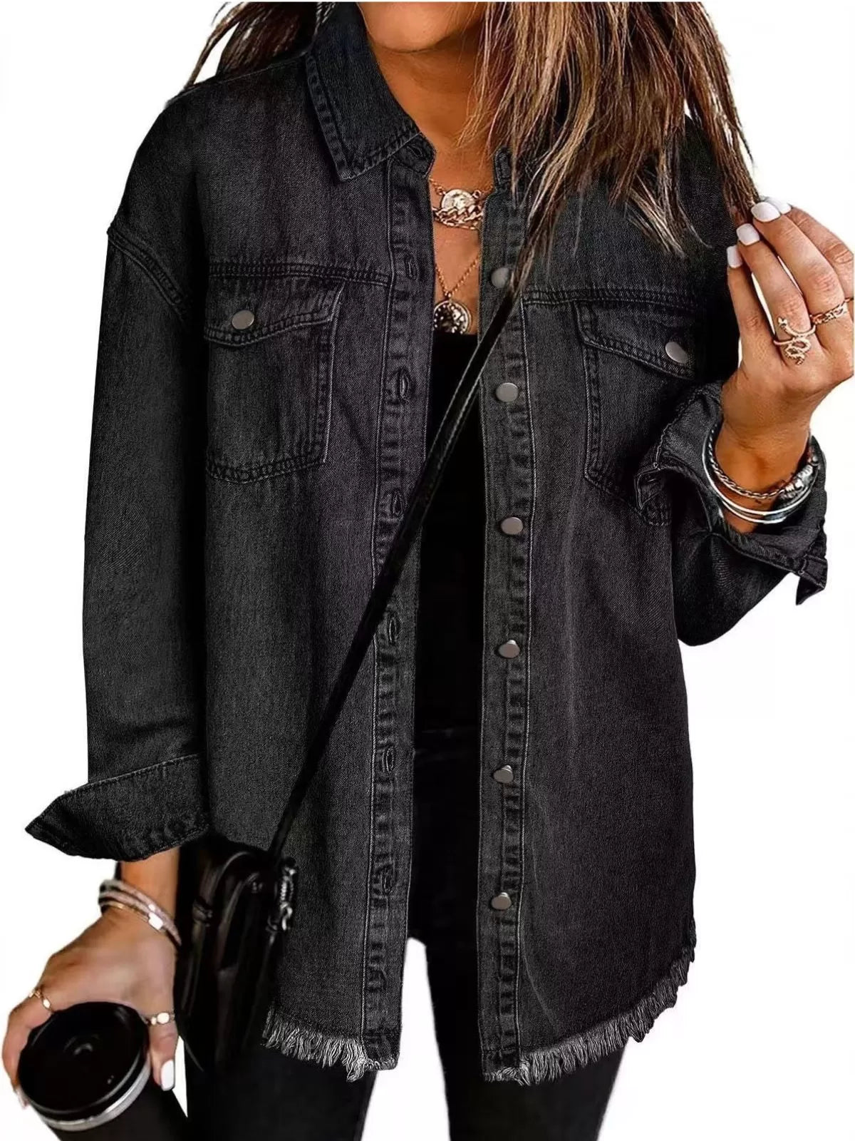 Button Lapel Ripped Fringe Denim Jean Jacket