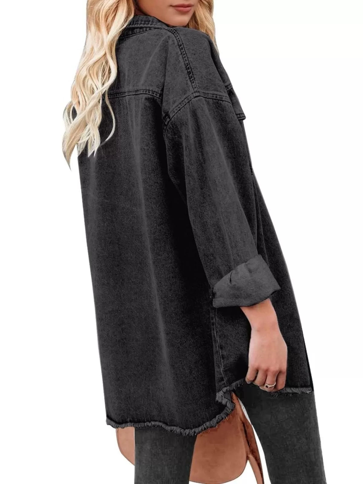 Button Lapel Ripped Fringe Denim Jean Jacket