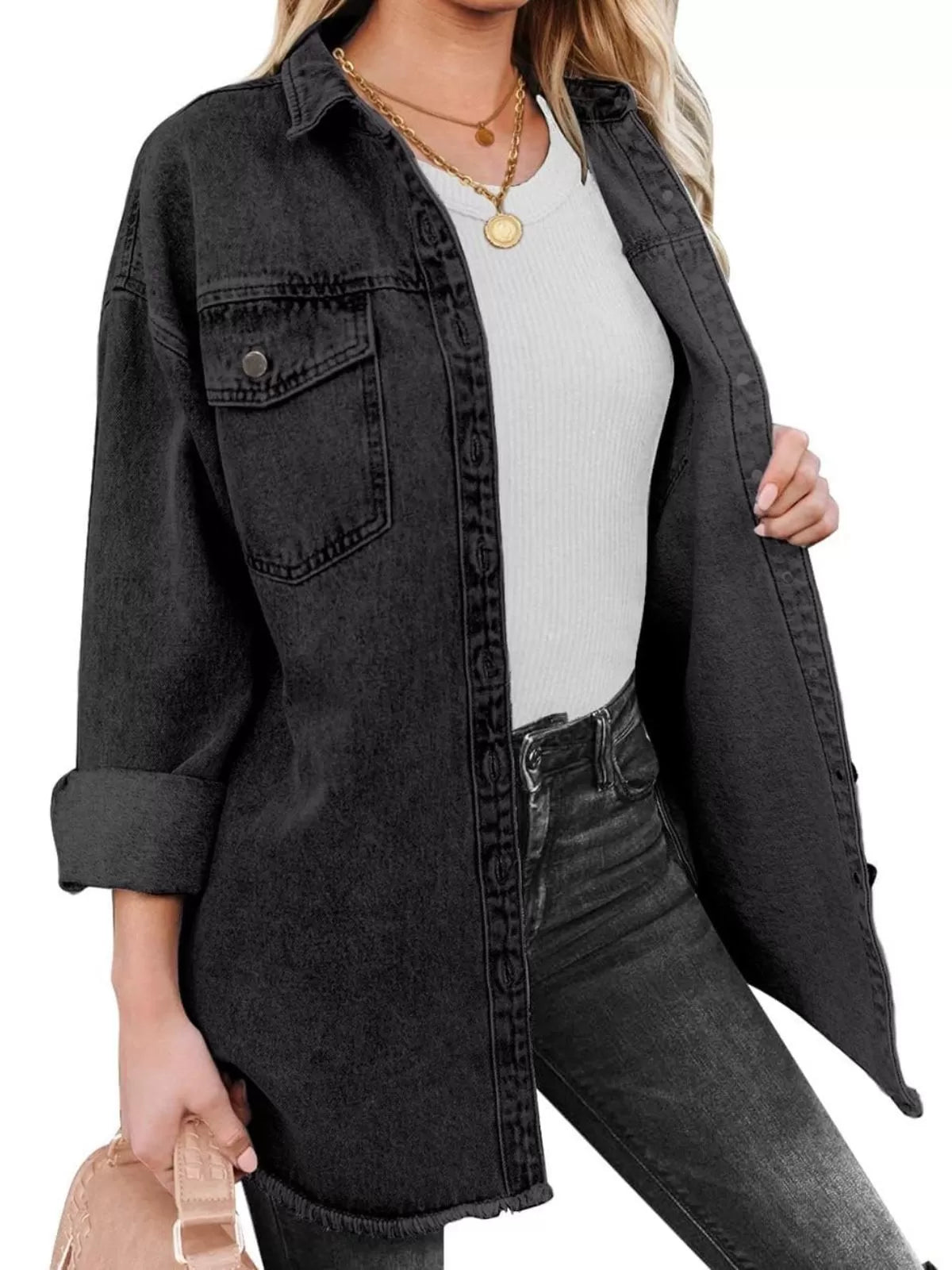 Button Lapel Ripped Fringe Denim Jean Jacket