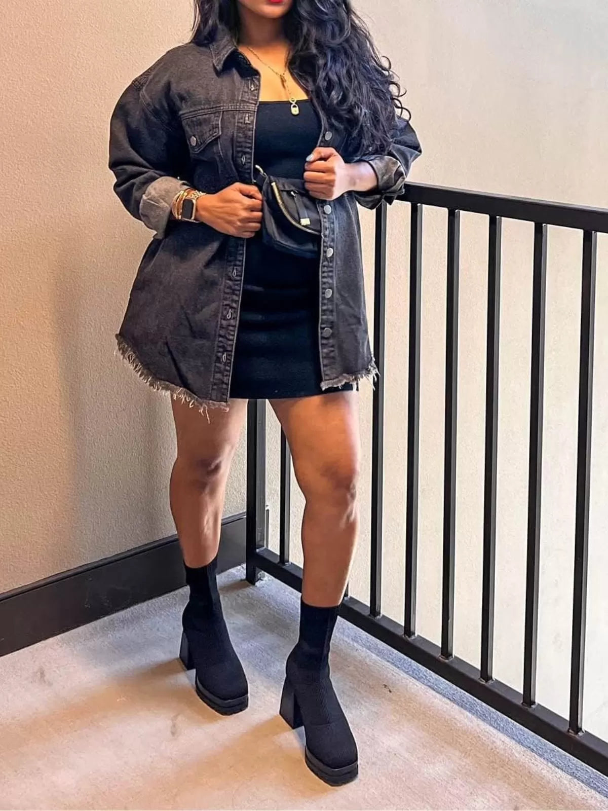 Button Lapel Ripped Fringe Denim Jean Jacket