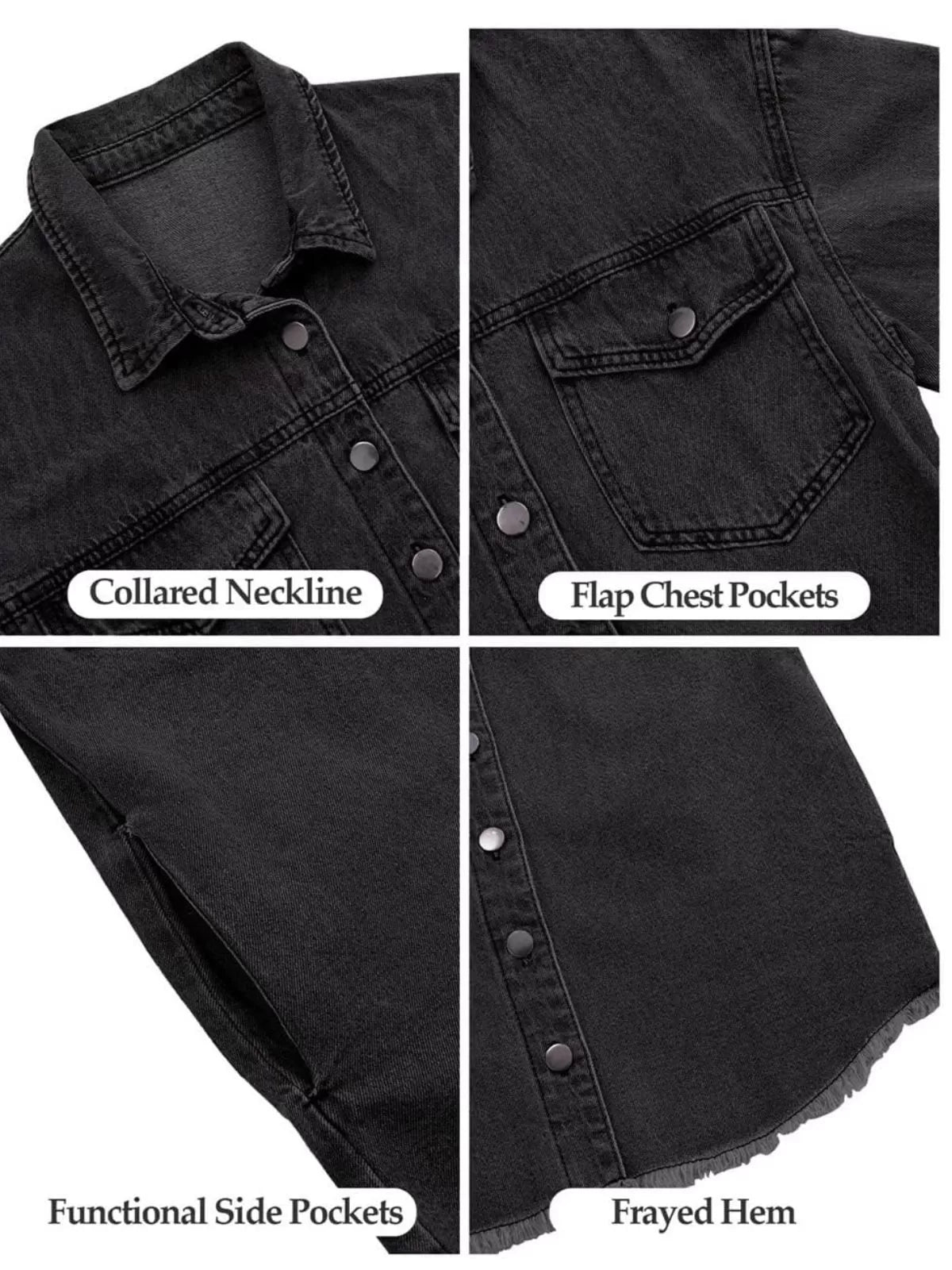 Button Lapel Ripped Fringe Denim Jean Jacket