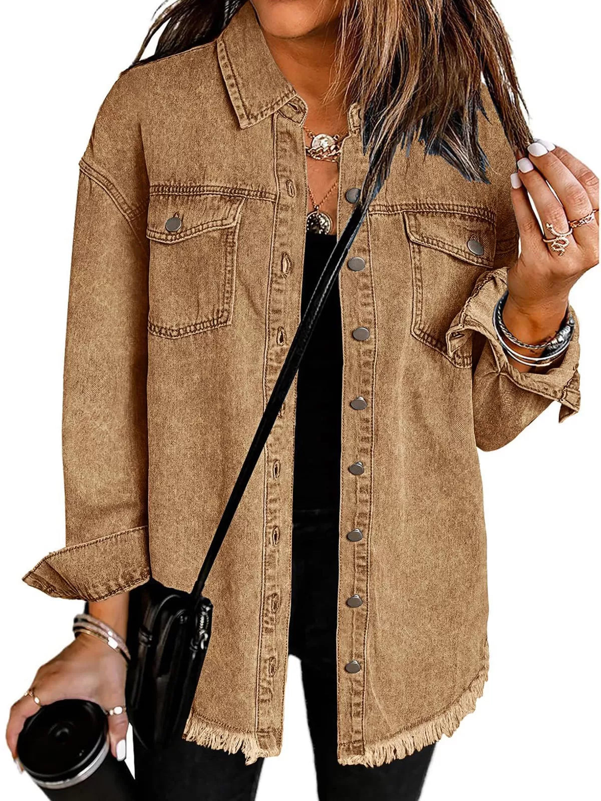 Button Lapel Ripped Fringe Denim Jean Jacket