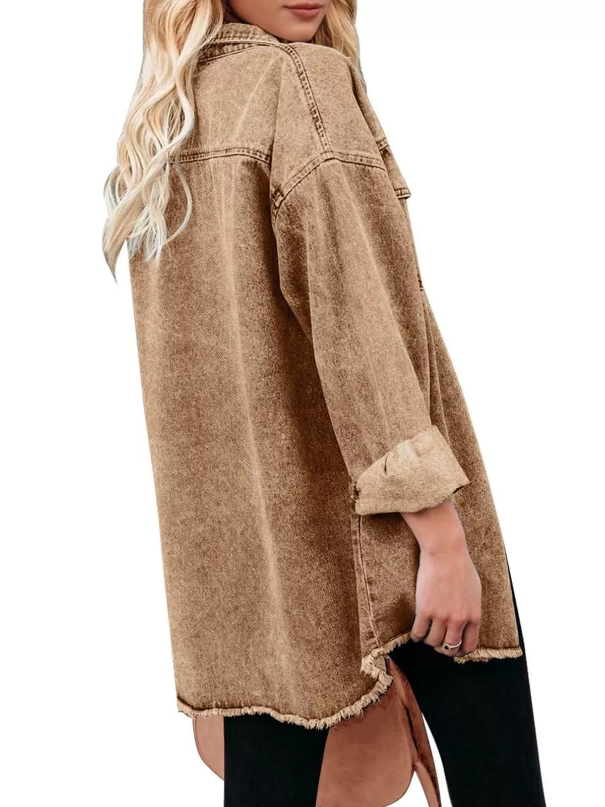 Button Lapel Ripped Fringe Denim Jean Jacket