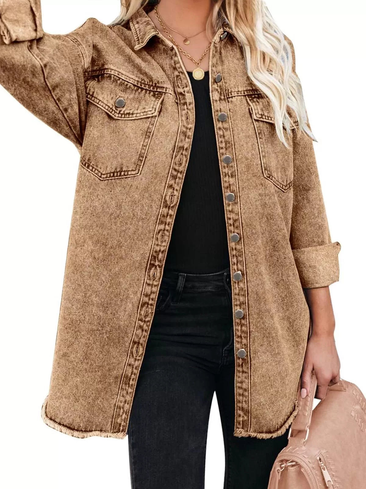 Button Lapel Ripped Fringe Denim Jean Jacket