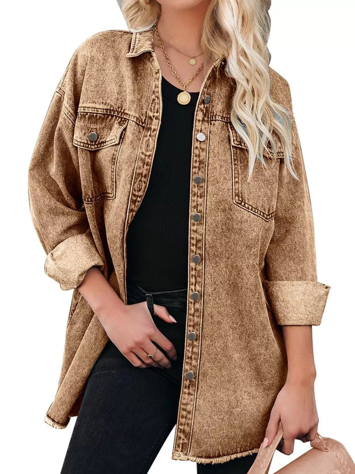 Button Lapel Ripped Fringe Denim Jean Jacket