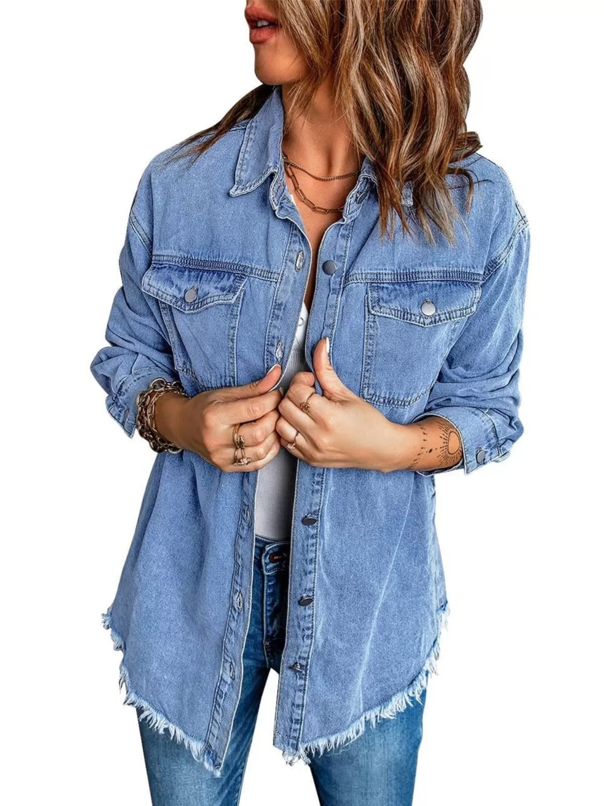 Button Lapel Ripped Fringe Denim Jean Jacket