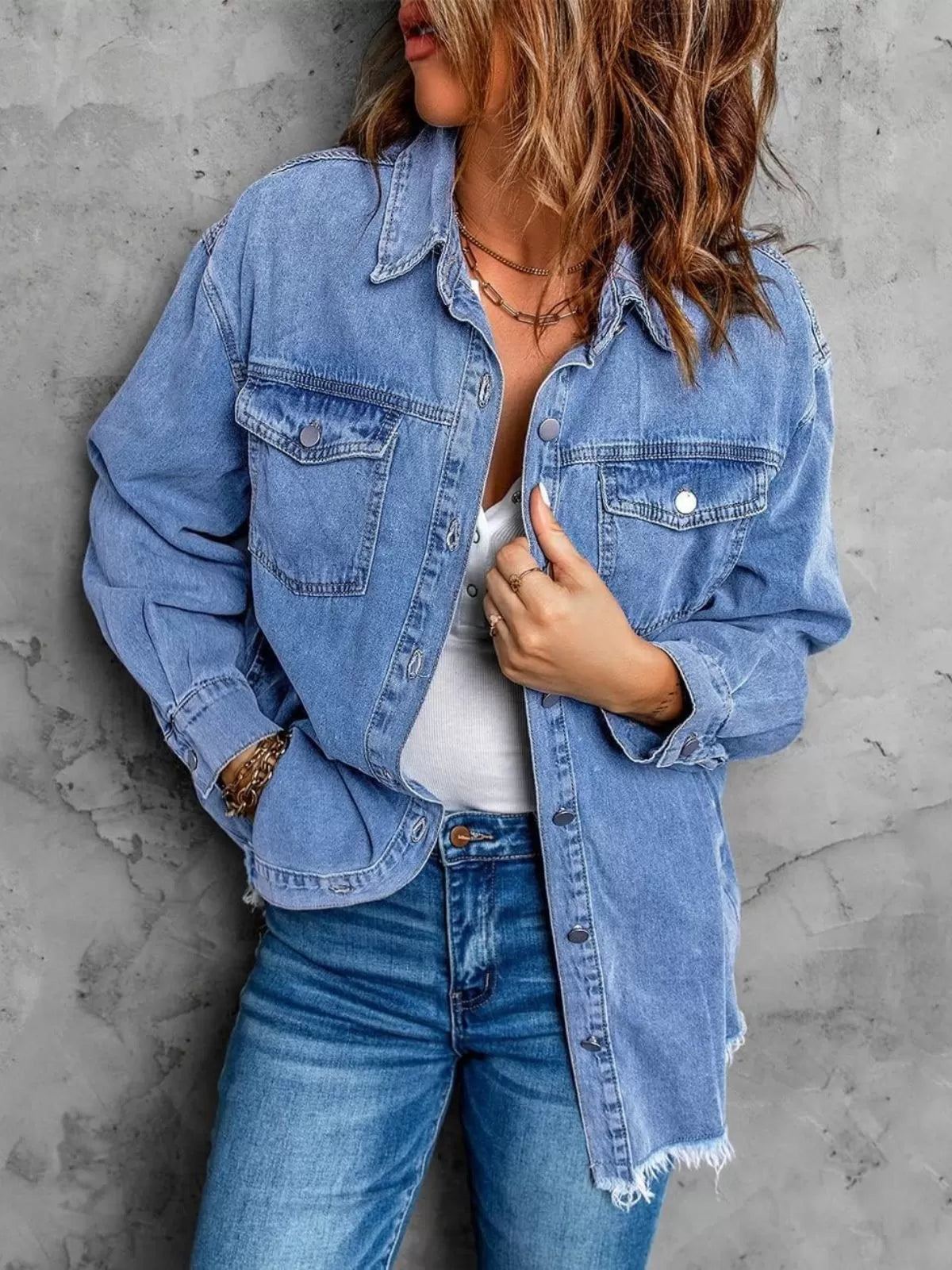 Button Lapel Ripped Fringe Denim Jean Jacket