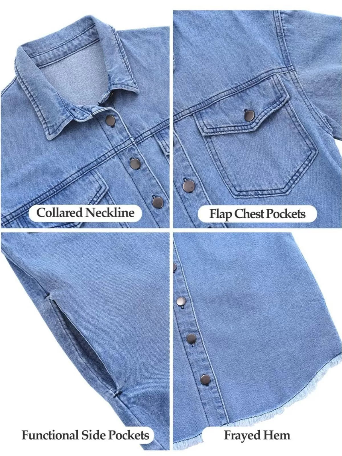 Button Lapel Ripped Fringe Denim Jean Jacket