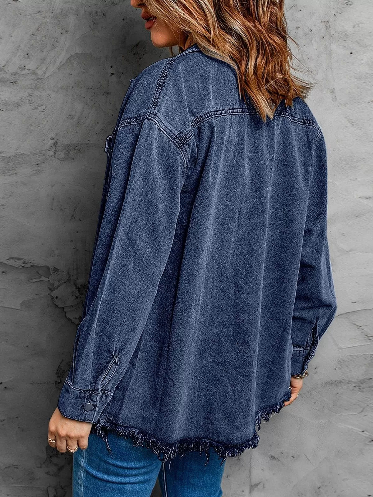 Button Lapel Ripped Fringe Denim Jean Jacket