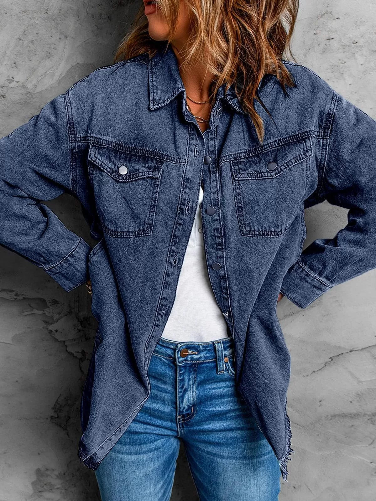 Button Lapel Ripped Fringe Denim Jean Jacket