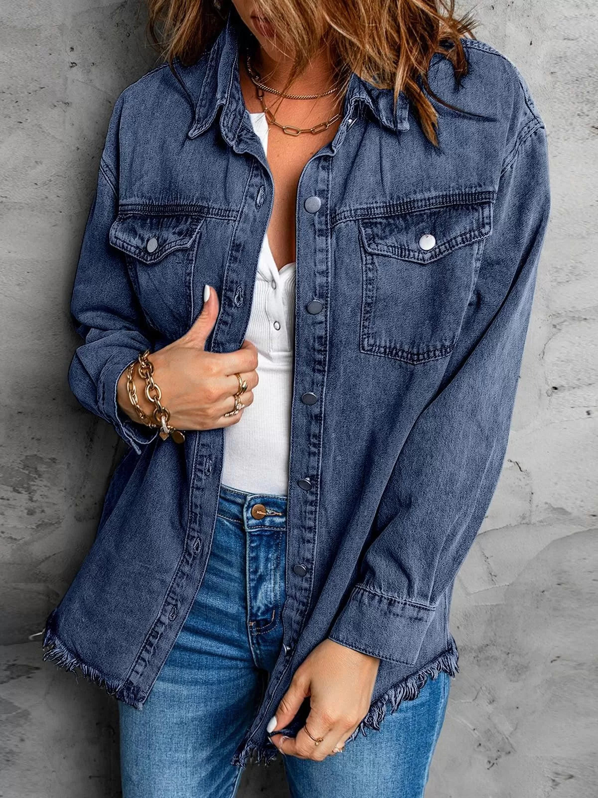 Button Lapel Ripped Fringe Denim Jean Jacket