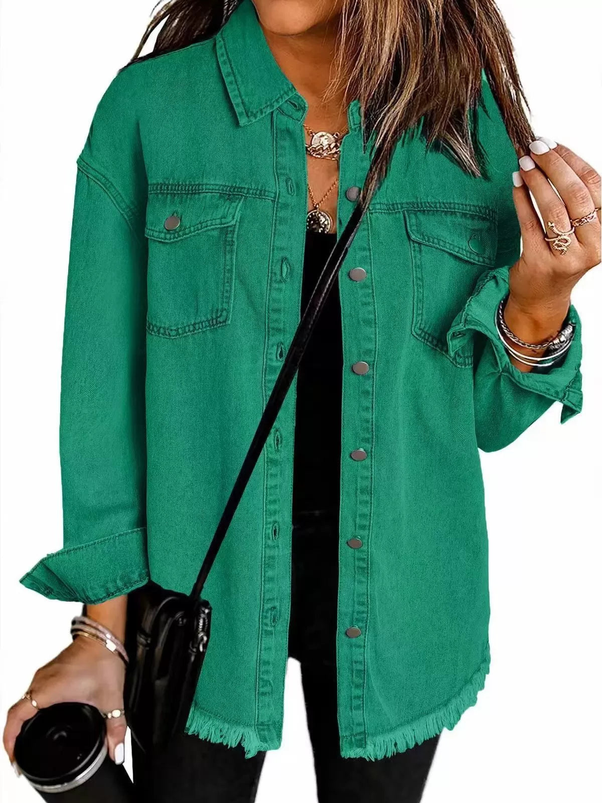 Button Lapel Ripped Fringe Denim Jean Jacket