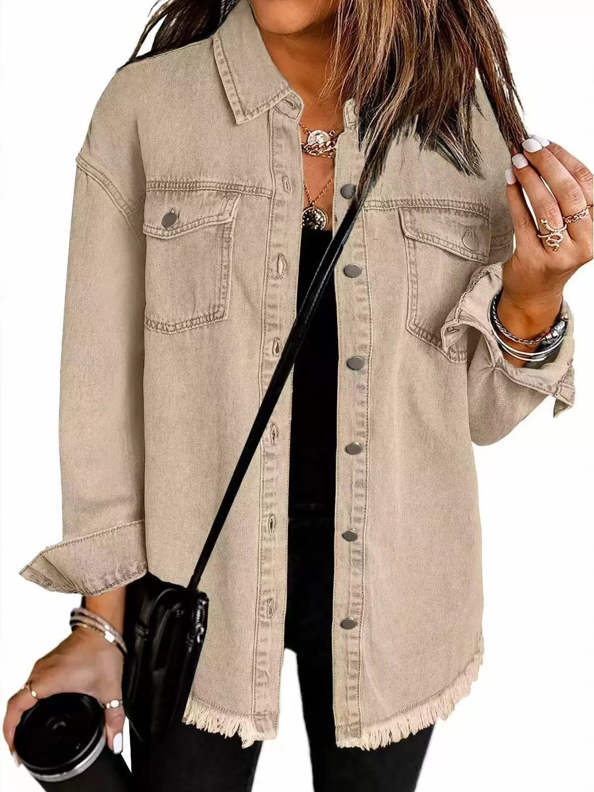 Button Lapel Ripped Fringe Denim Jean Jacket