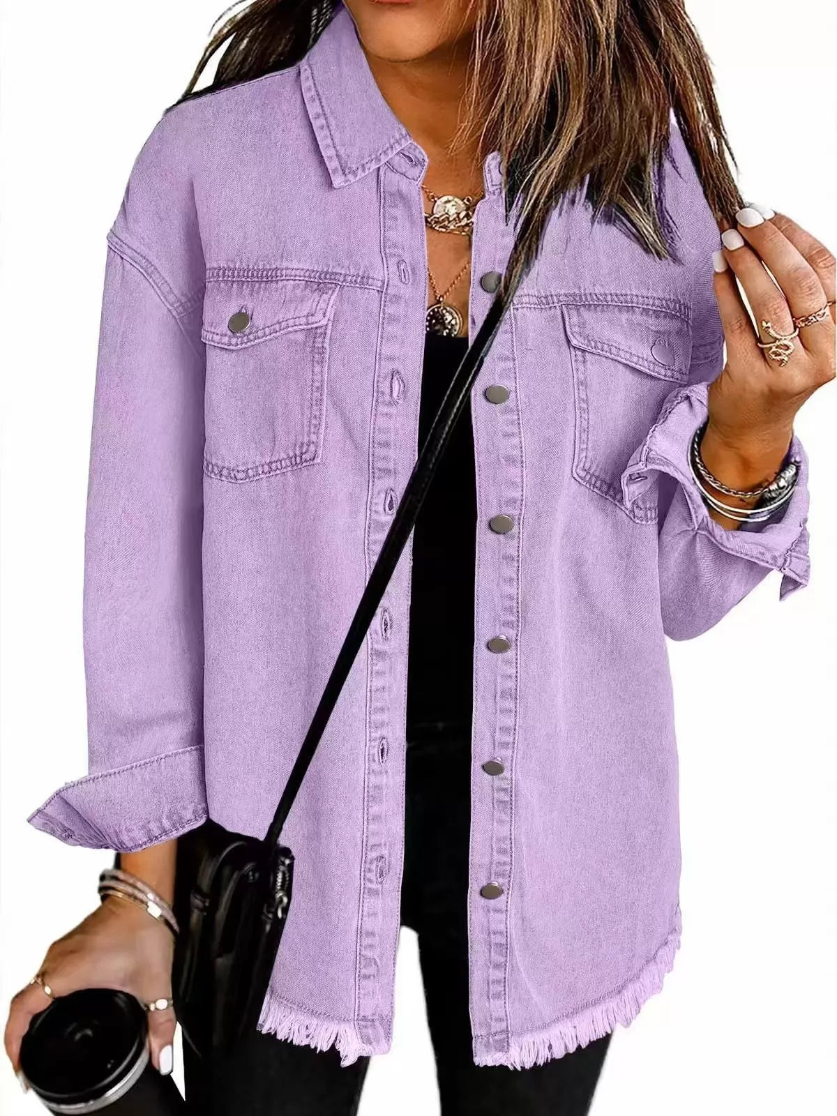 Button Lapel Ripped Fringe Denim Jean Jacket
