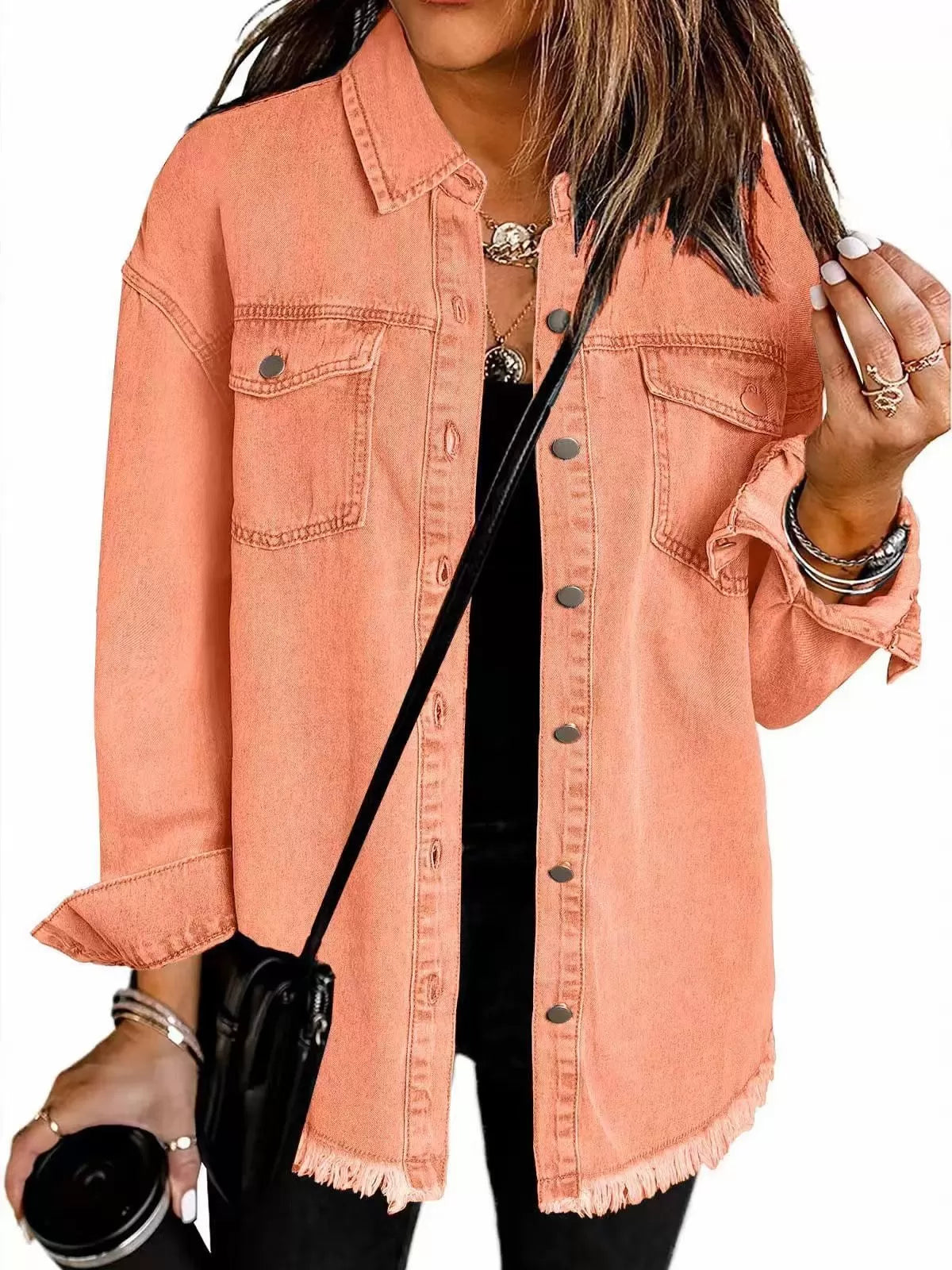 Button Lapel Ripped Fringe Denim Jean Jacket
