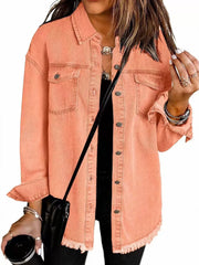 Button Lapel Ripped Fringe Denim Jean Jacket