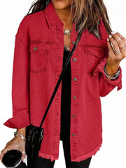 Button Lapel Ripped Fringe Denim Jean Jacket