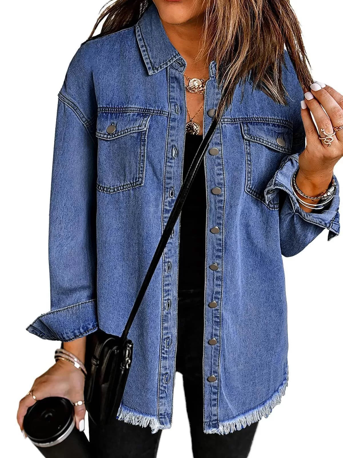 Button Lapel Ripped Fringe Denim Jean Jacket