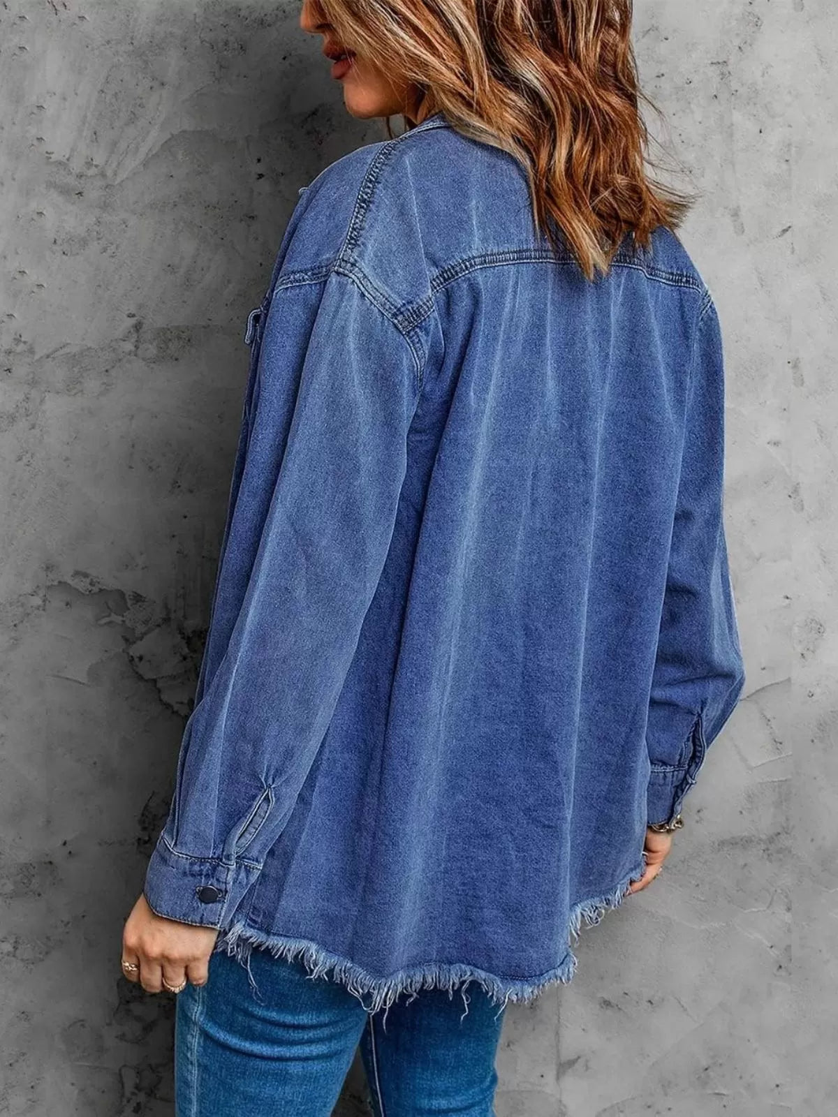 Button Lapel Ripped Fringe Denim Jean Jacket