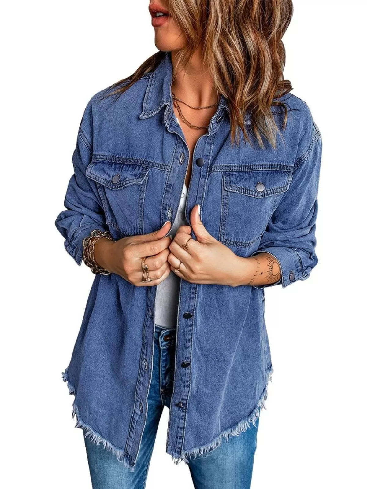 Button Lapel Ripped Fringe Denim Jean Jacket