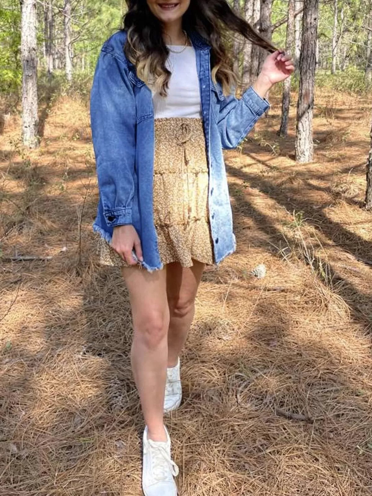 Button Lapel Ripped Fringe Denim Jean Jacket