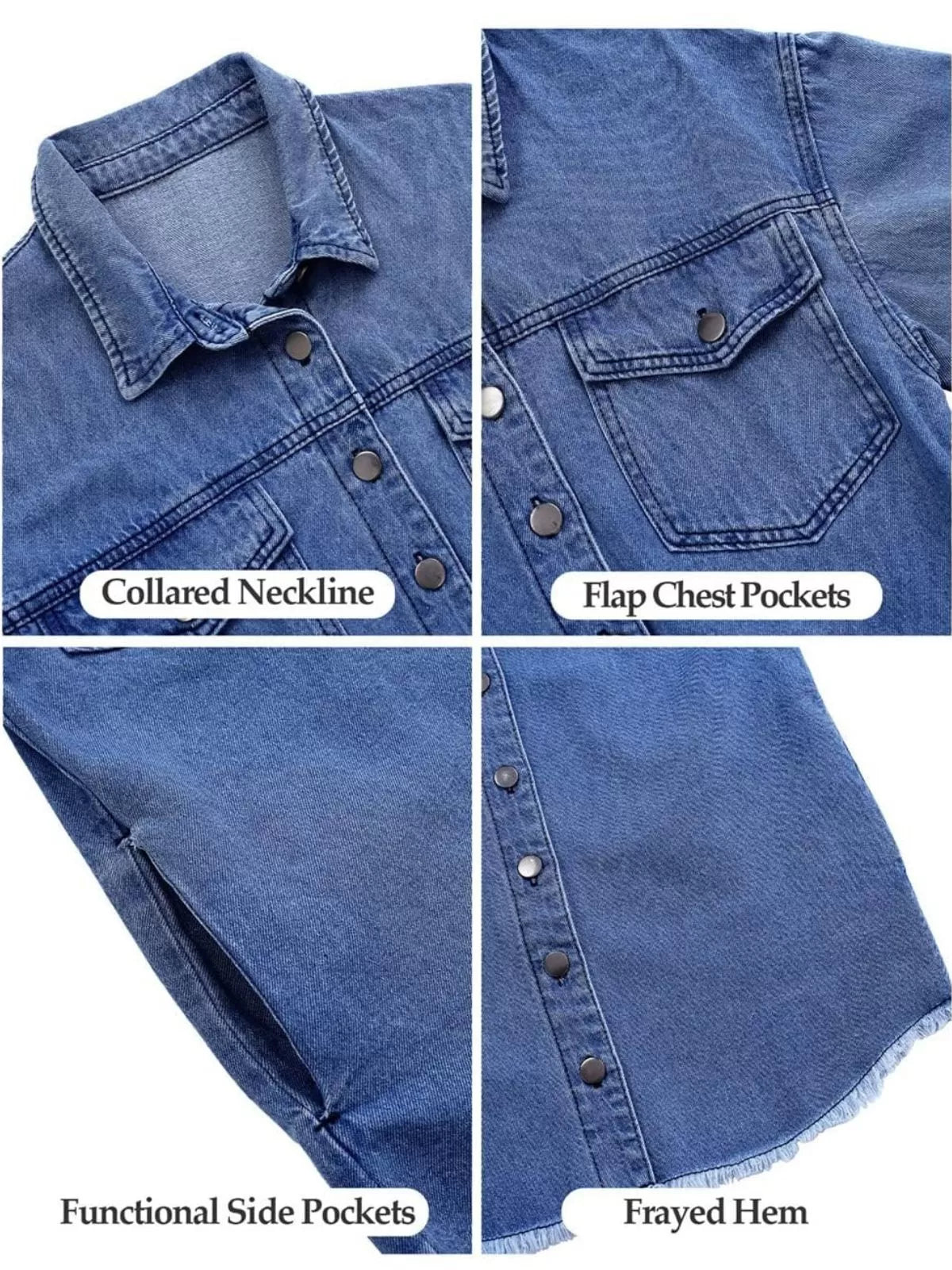 Button Lapel Ripped Fringe Denim Jean Jacket