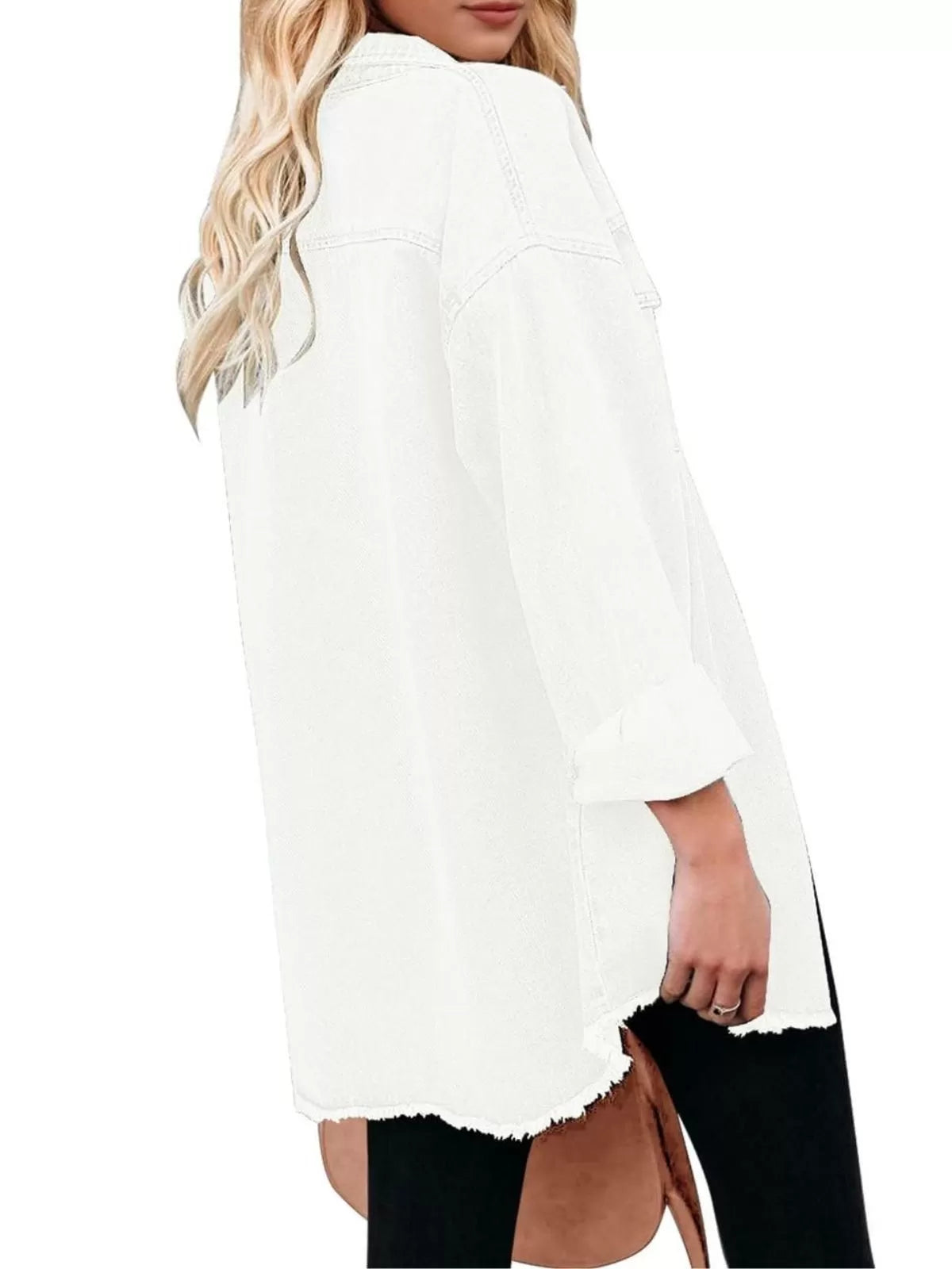Button Lapel Ripped Fringe Denim Jean Jacket