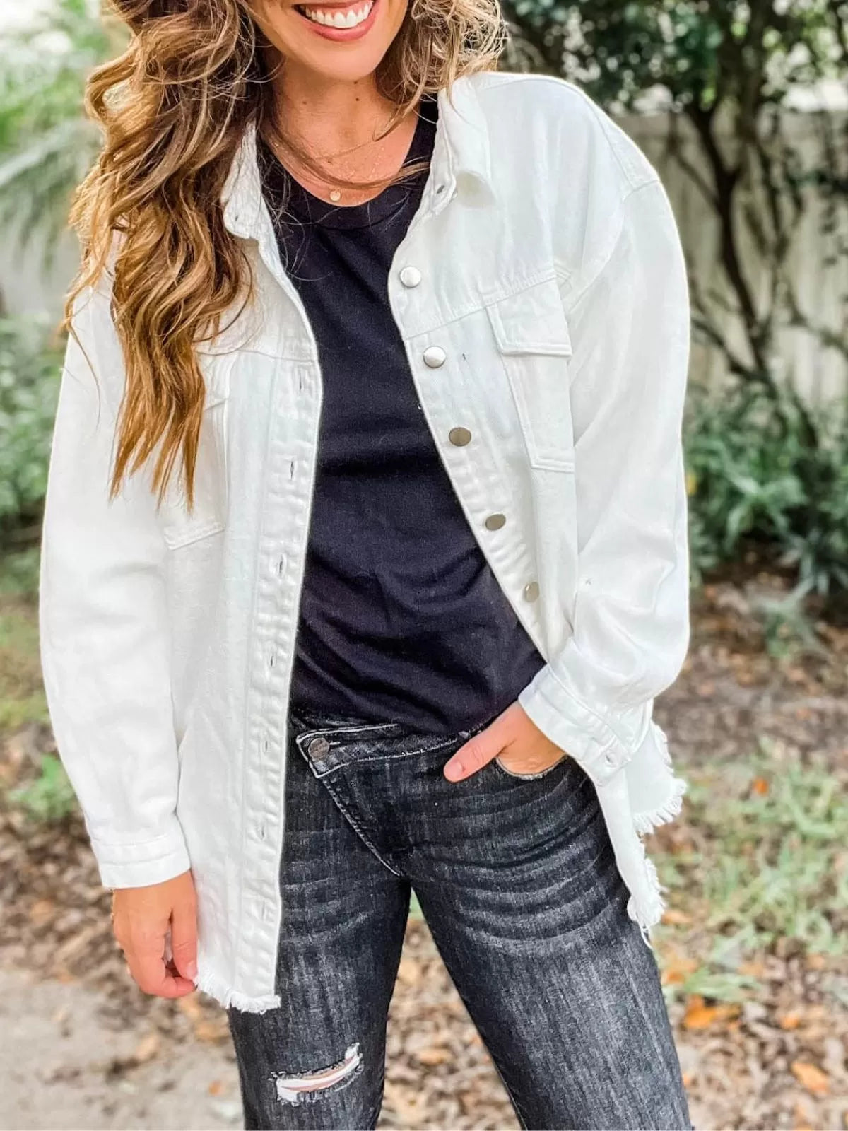 Button Lapel Ripped Fringe Denim Jean Jacket