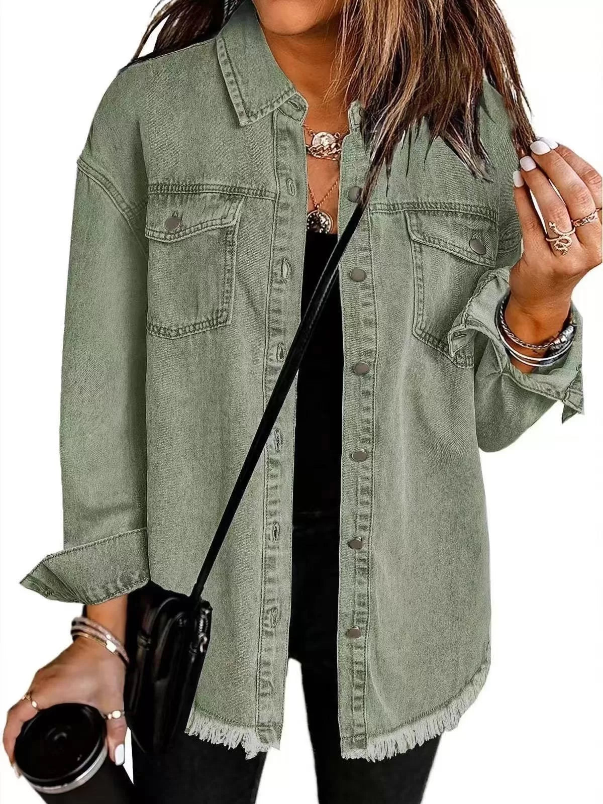 Button Lapel Ripped Fringe Denim Jean Jacket