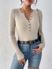 Plain Button Front Ribbed Knitting Notched Sweater Elegant Chic Basic Casual Slim Fit Knitwear