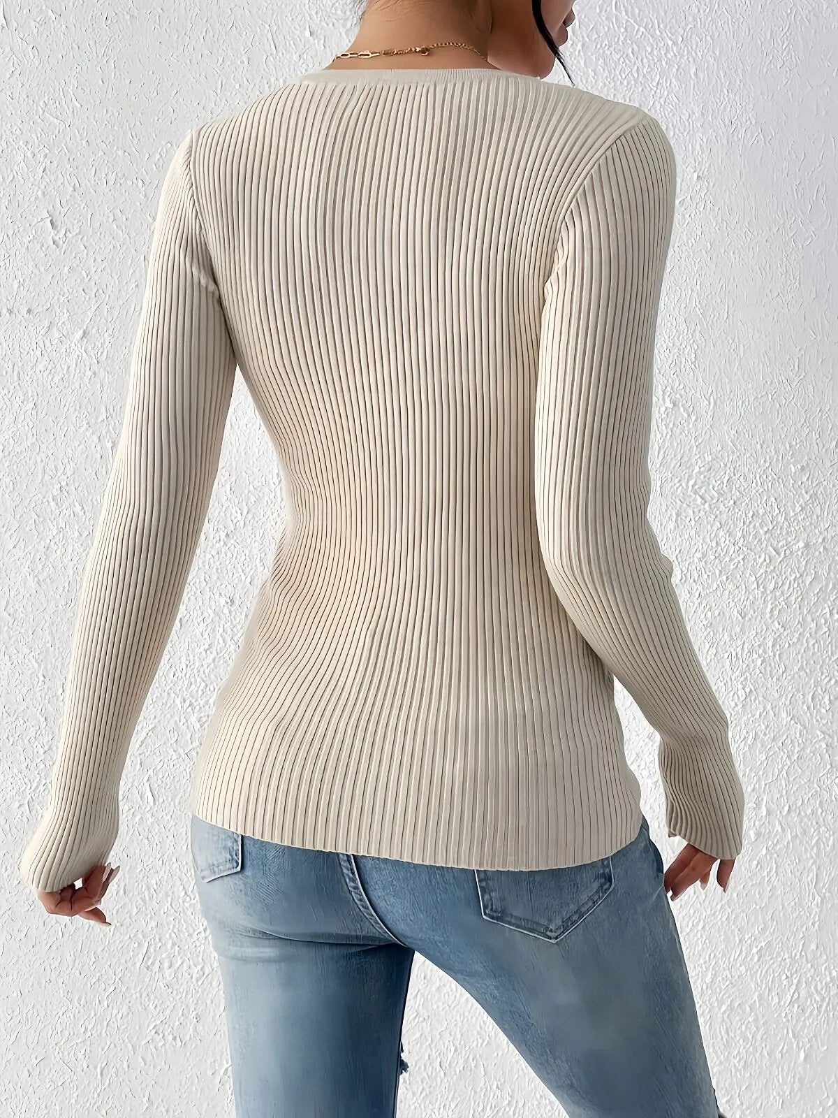 Plain Button Front Ribbed Knitting Notched Sweater Elegant Chic Basic Casual Slim Fit Knitwear