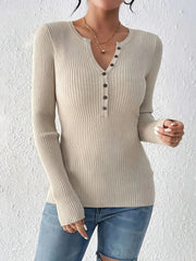 Plain Button Front Ribbed Knitting Notched Sweater Elegant Chic Basic Casual Slim Fit Knitwear