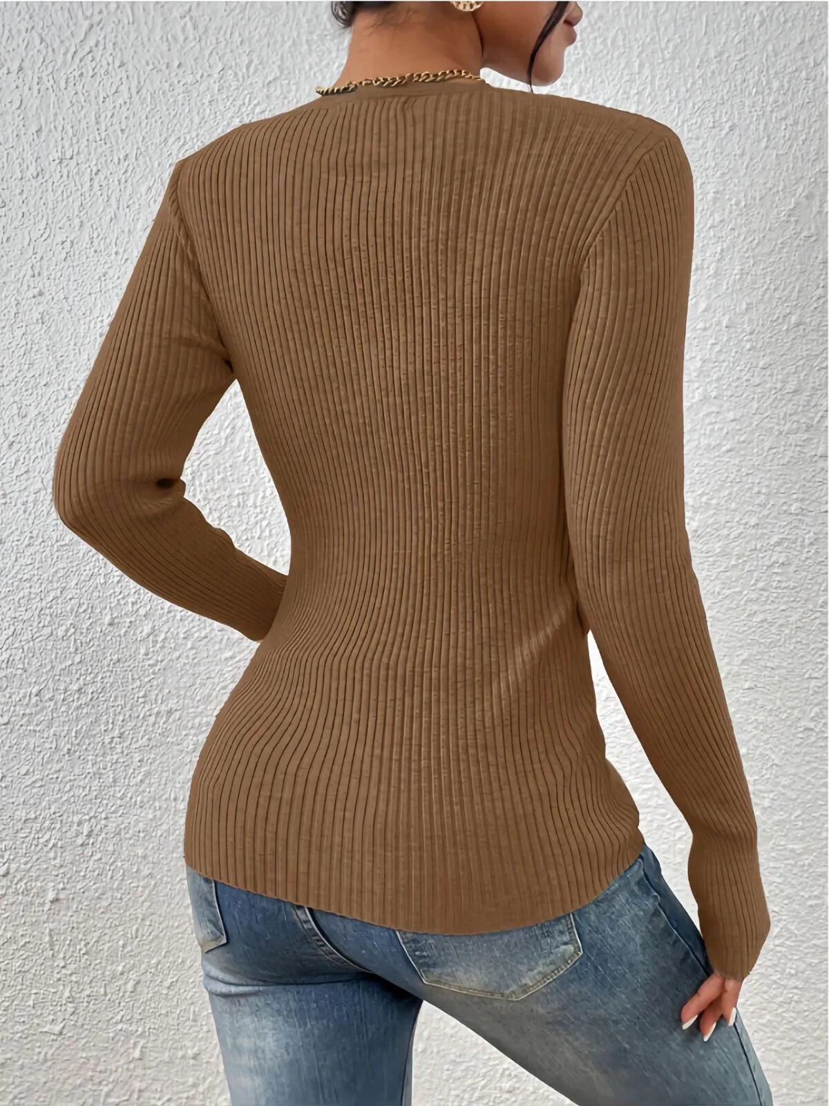 Plain Button Front Ribbed Knitting Notched Sweater Elegant Chic Basic Casual Slim Fit Knitwear
