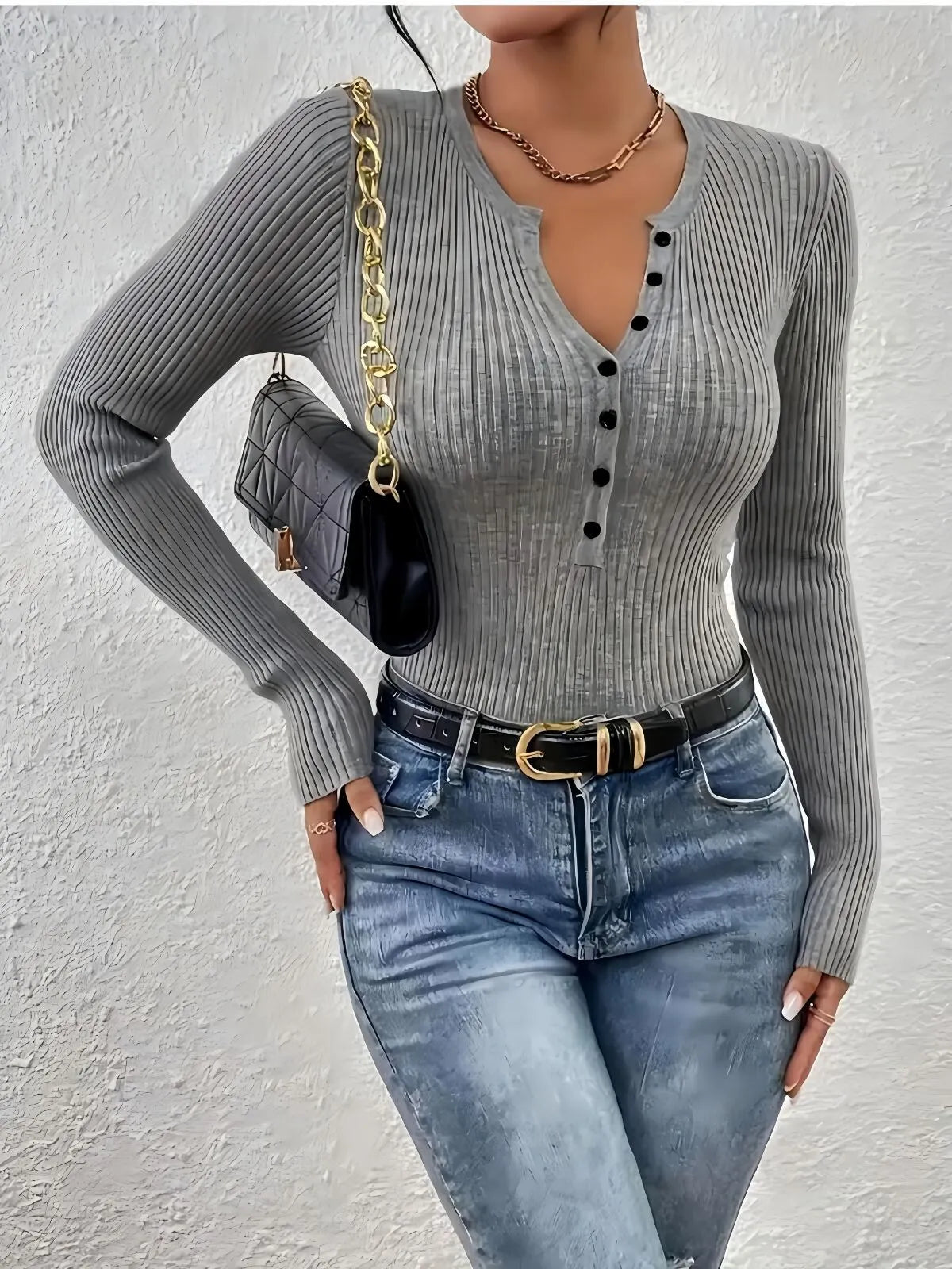 Plain Button Front Ribbed Knitting Notched Sweater Elegant Chic Basic Casual Slim Fit Knitwear
