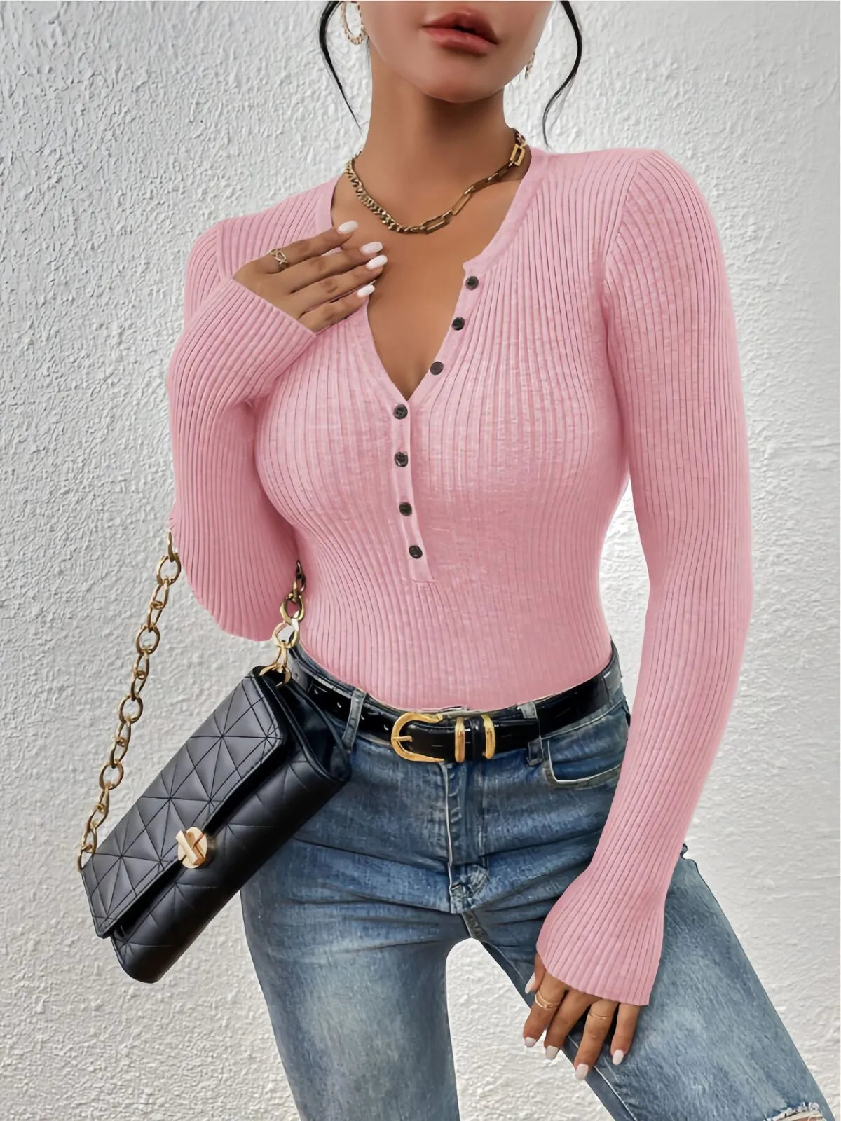 Plain Button Front Ribbed Knitting Notched Sweater Elegant Chic Basic Casual Slim Fit Knitwear