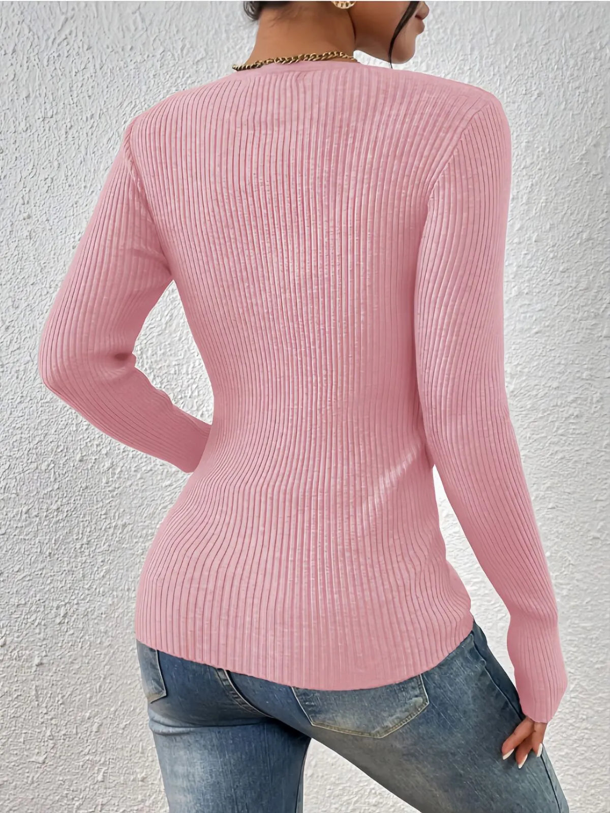 Plain Button Front Ribbed Knitting Notched Sweater Elegant Chic Basic Casual Slim Fit Knitwear