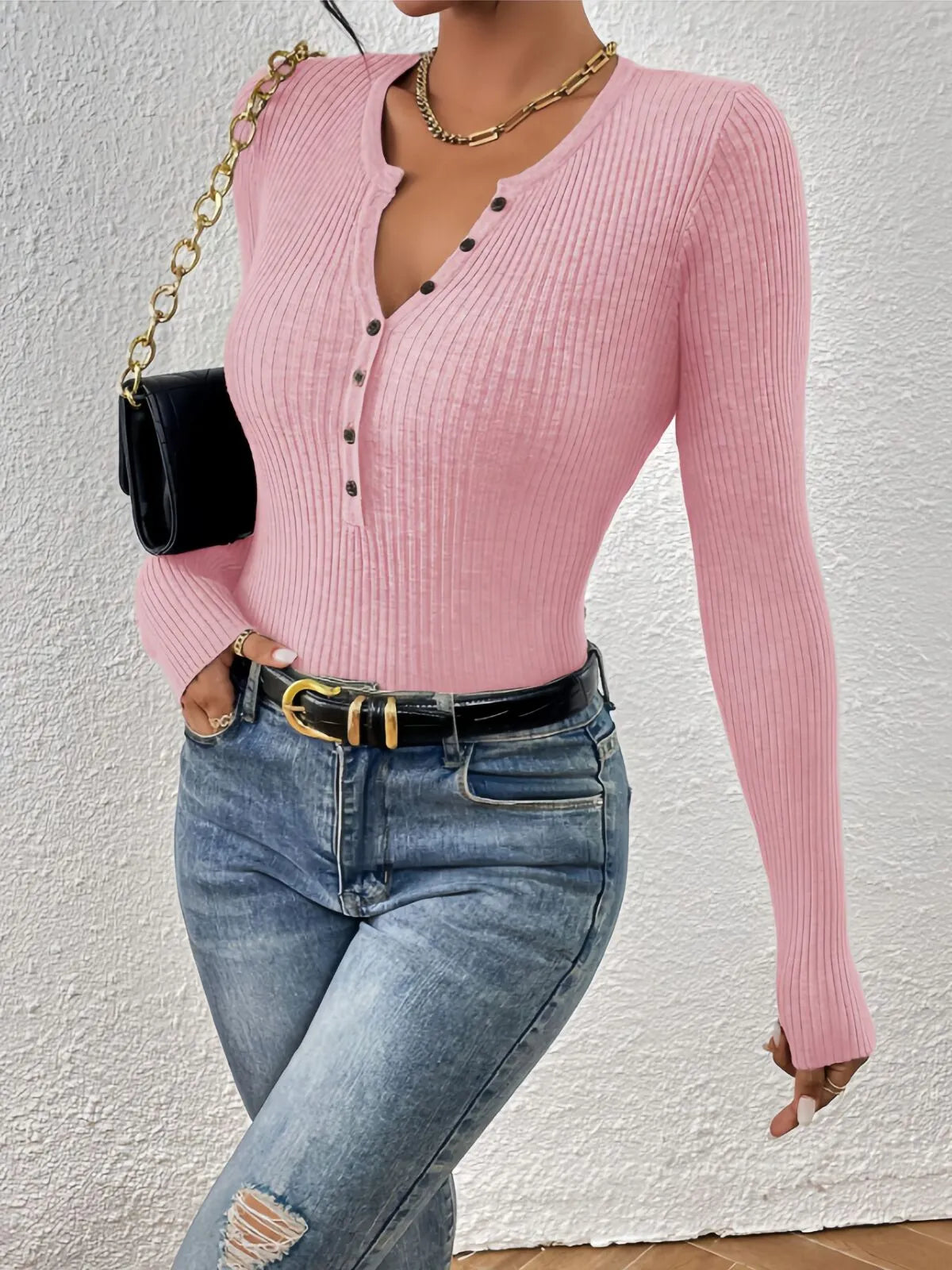 Plain Button Front Ribbed Knitting Notched Sweater Elegant Chic Basic Casual Slim Fit Knitwear
