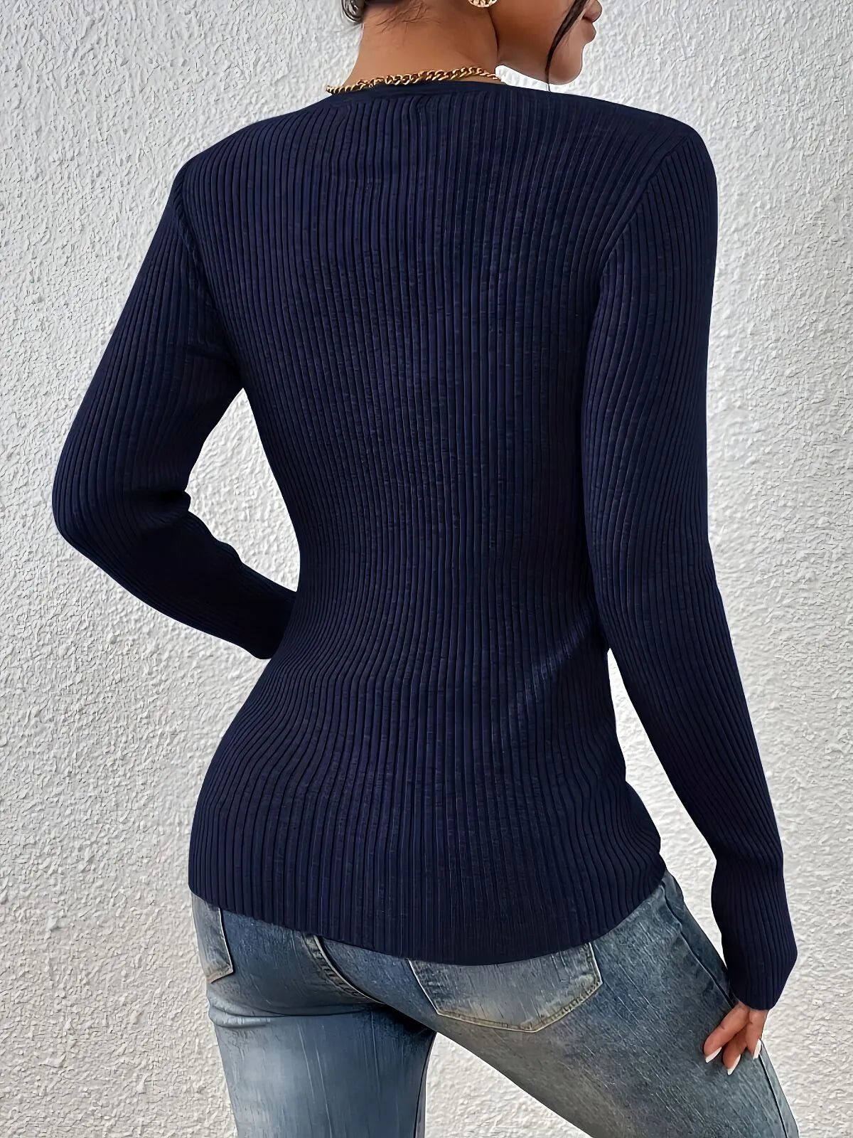 Plain Button Front Ribbed Knitting Notched Sweater Elegant Chic Basic Casual Slim Fit Knitwear