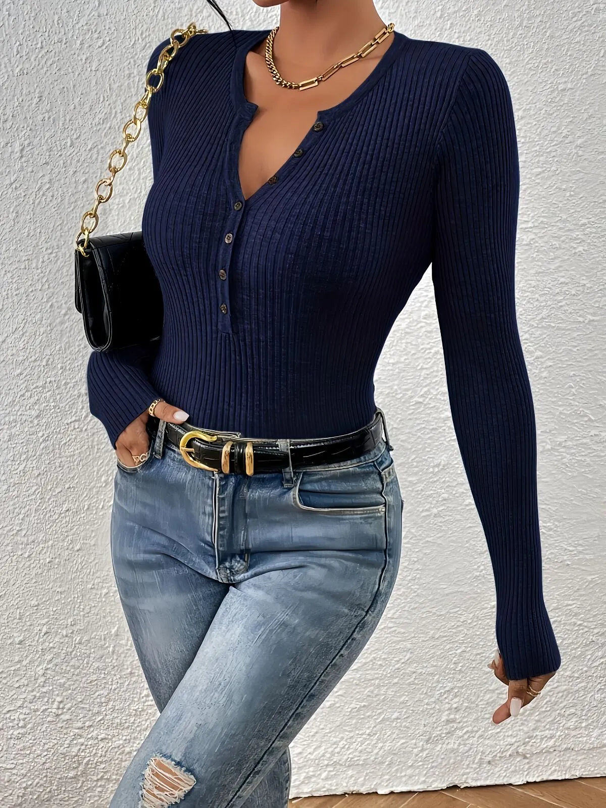 Plain Button Front Ribbed Knitting Notched Sweater Elegant Chic Basic Casual Slim Fit Knitwear
