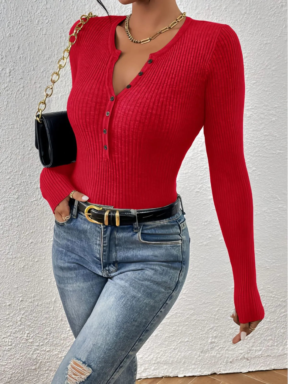 Plain Button Front Ribbed Knitting Notched Sweater Elegant Chic Basic Casual Slim Fit Knitwear