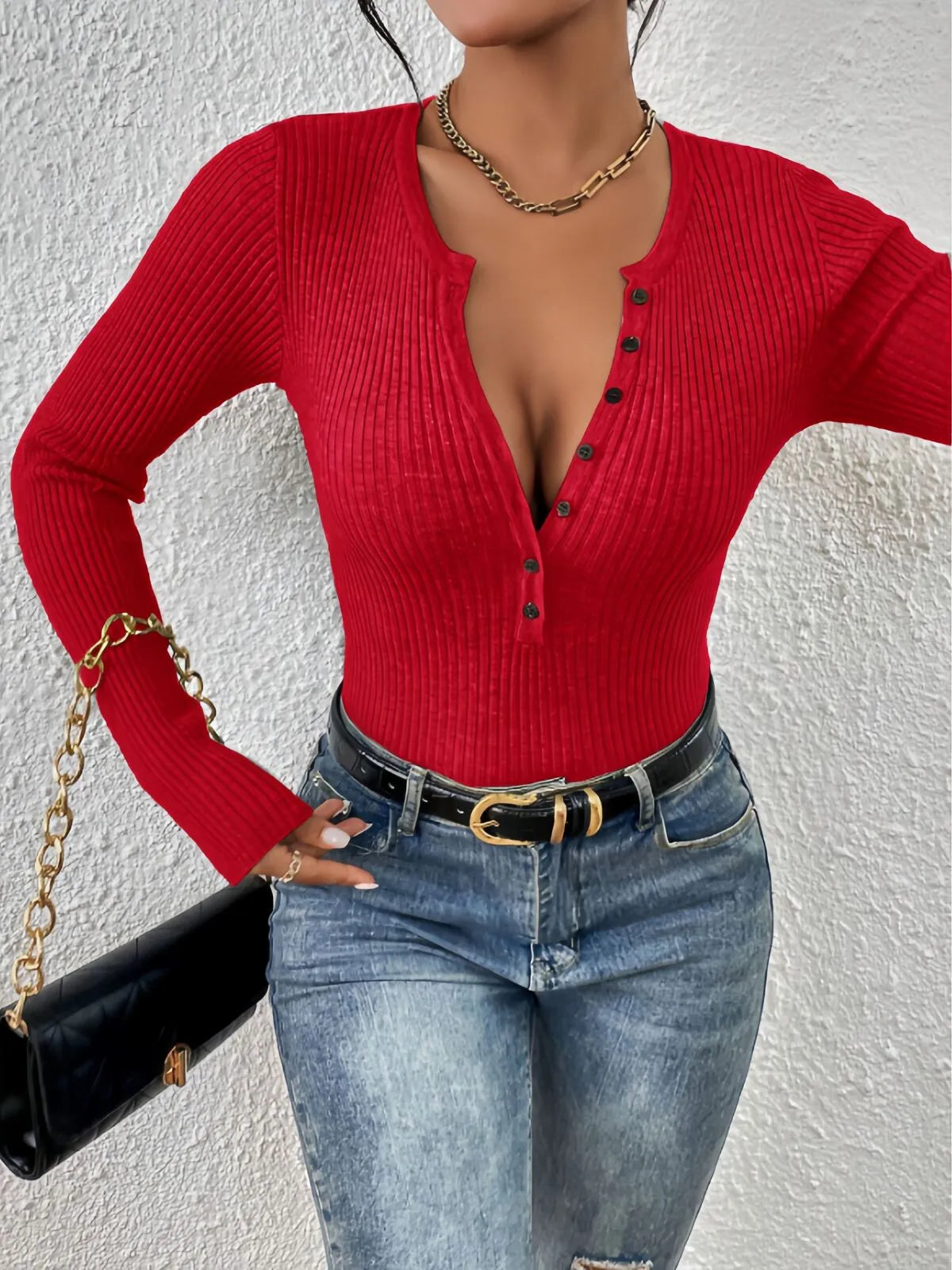 Plain Button Front Ribbed Knitting Notched Sweater Elegant Chic Basic Casual Slim Fit Knitwear